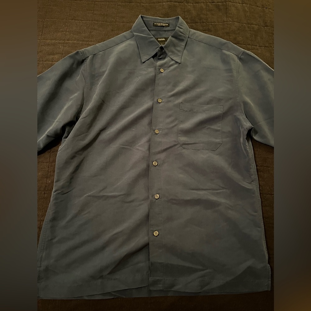 Alfani Shirt Small Blue Button Up Short Sleeve Rayon Golf Casual Mens